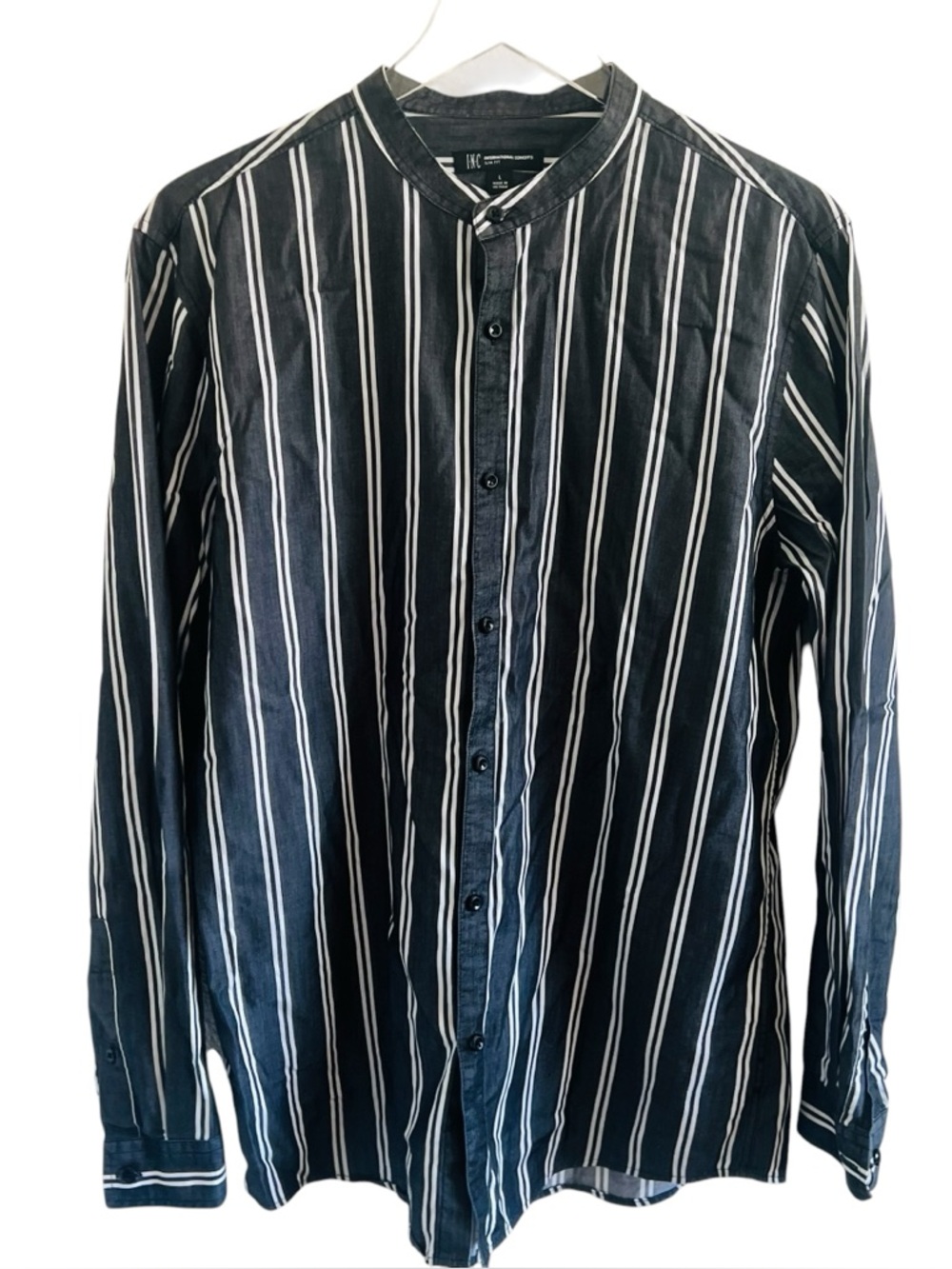 Inc International Concepts Men's Black and White Vertical Stripe Button-Up Shirt